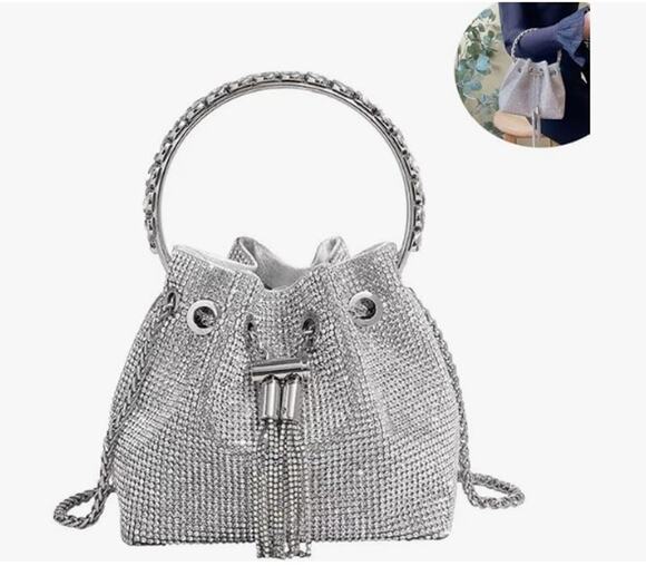 Bbtt.Ful Handbags - Silver Rhinestone Crystal Bucket Bag Purse w/ Chain Strap & Top Handle – New